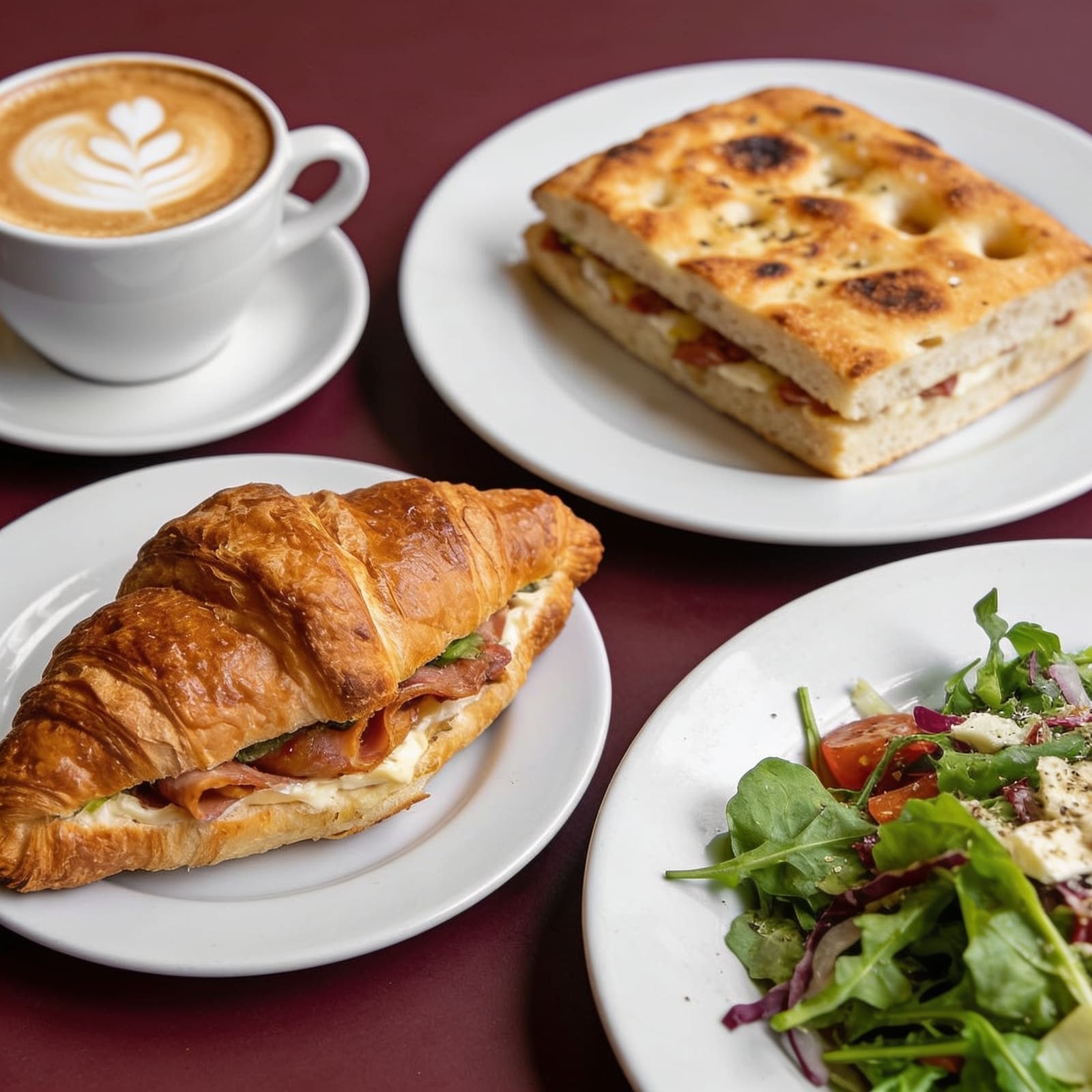Cappuccino, cornetto farcito, focaccia tostata e insalata fresca su un tavolo
